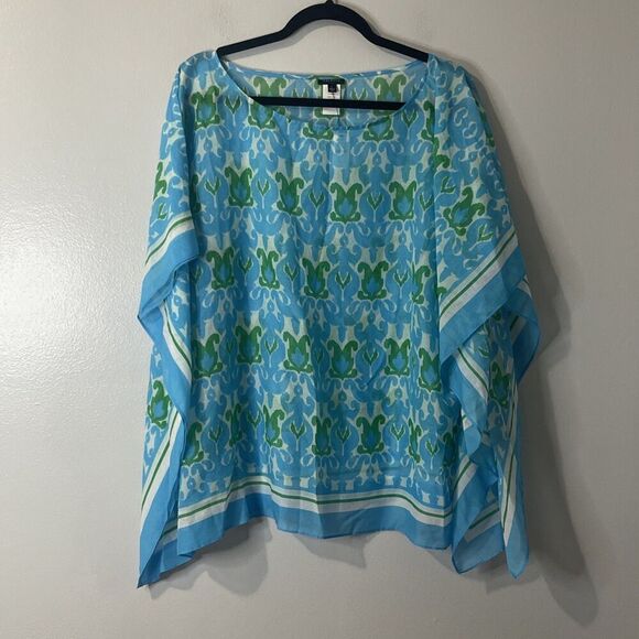 TALBOTS Kimono Shawl Blouse Size Large Blue Green NEW Summer Cotton Silk Coastal - Picture 1 of 6